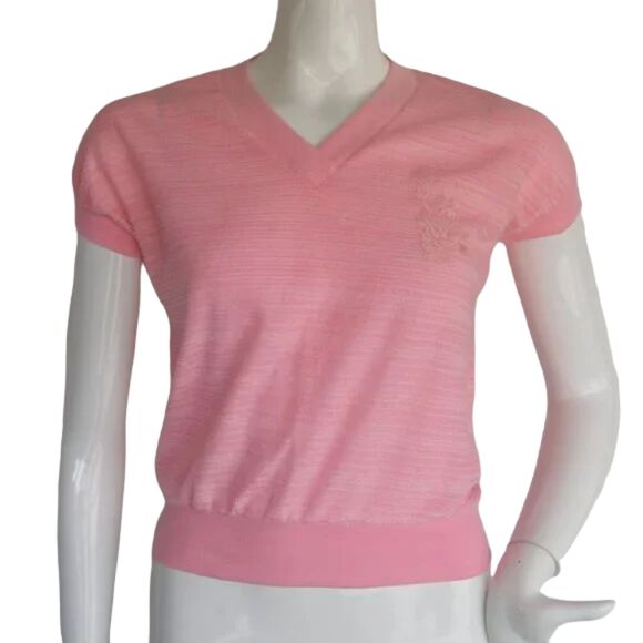 Vintage Tops - Elaine Reynolds Top, VINTAGE M/S, Pink Textured Terry, Short sleeve, V-neck